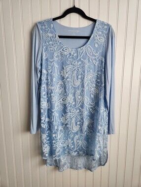 SOFT SURROUNDINGS Light Blue Silk Embroidery Floral Print Tunic Length Top Small
